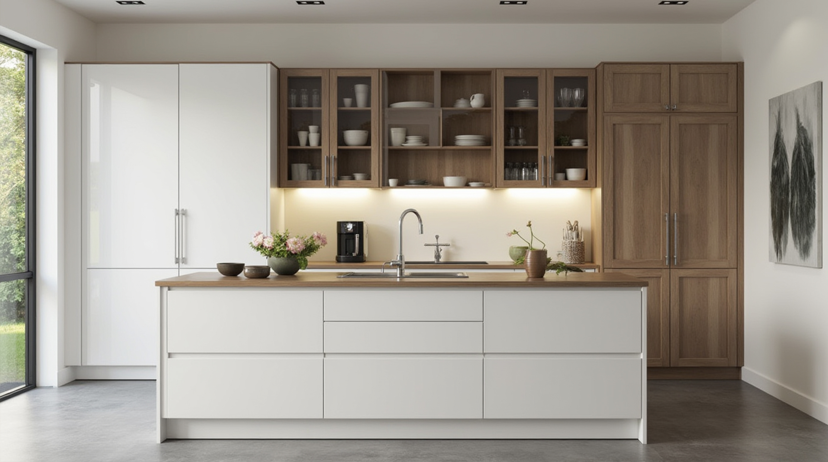 نمونه کابینت هایگلاس سفید و طوسی با نورپردازی مخفی - پروژه دکوگرند